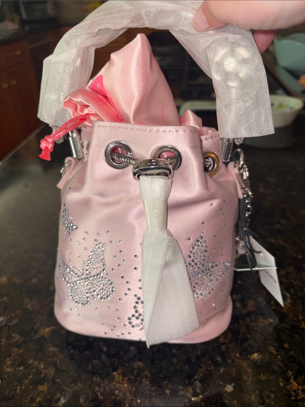 NWT wicked edition Pink Satin Drawstring Bucket Bag with Crystal Accents